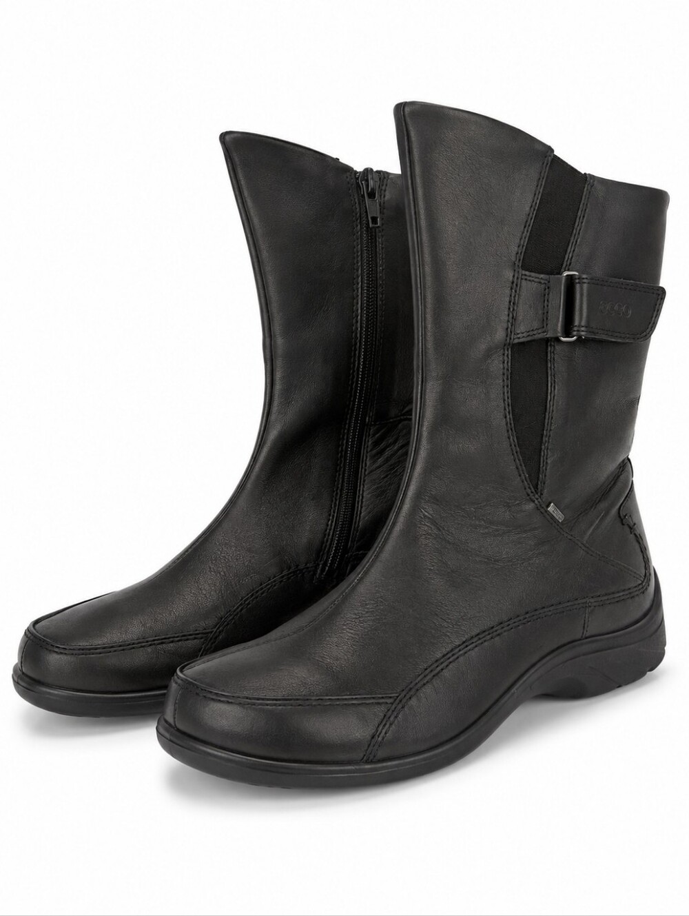 ECCO Black Leather Mid Calf Moto Boots EU 36 US 5 Side Zip Comfort Walking Shoes